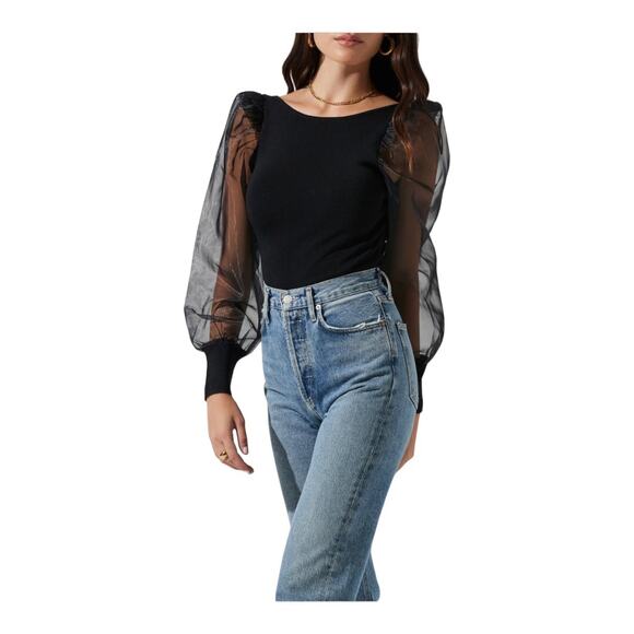 Astr The Label NWT SemiSheer Organza Sleeve Black Chic Bodysuit Large - Picture 8 of 10